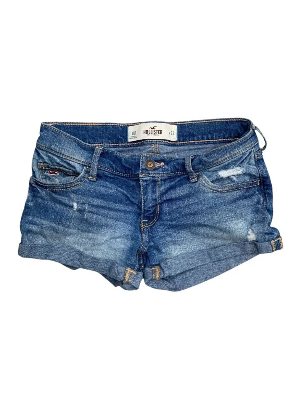 Hollister Y2K Low-Rise Distressed Denim Shortie Shorts Cuffed Blue Grunge-00/23